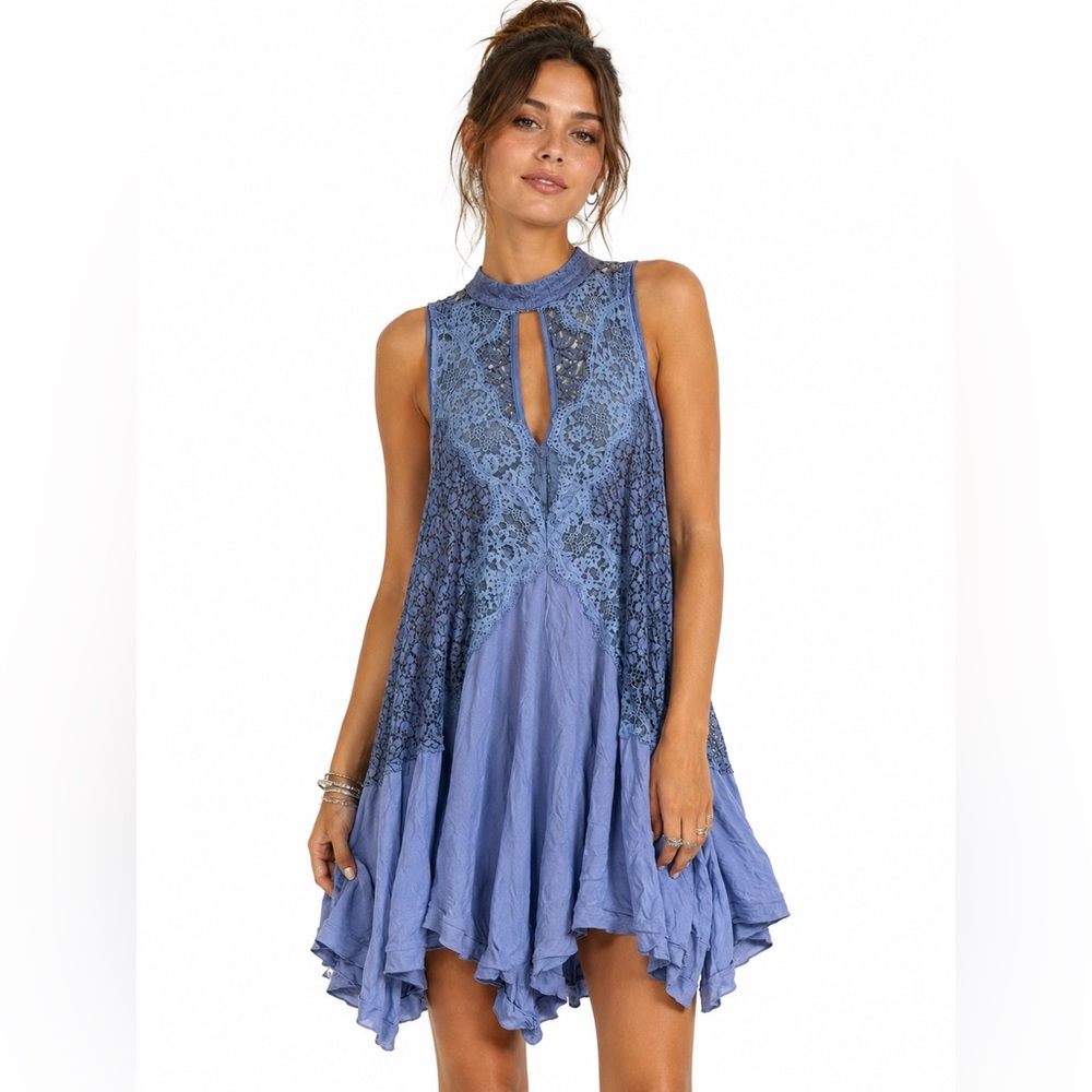 Free People Tell Tale Heart Lace Tunic Dress Blue Sleeveless Mock Neck NWT S